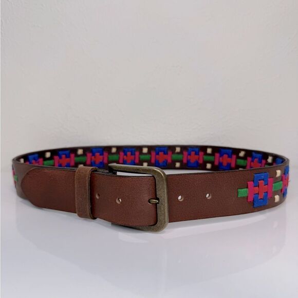 Free People High Summer Brown Leather Belt Multicolor Embroidered Bohemian Sz 32 - Picture 1 of 11
